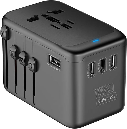 JMFONE Universal Travel Adapter with GaN 100W,International Power Plug Adapter 5 Port [4*USB C+1*USB A] and Multi AC Sockets, All-in-one Travel Outlet Plugs for 200+ Countries