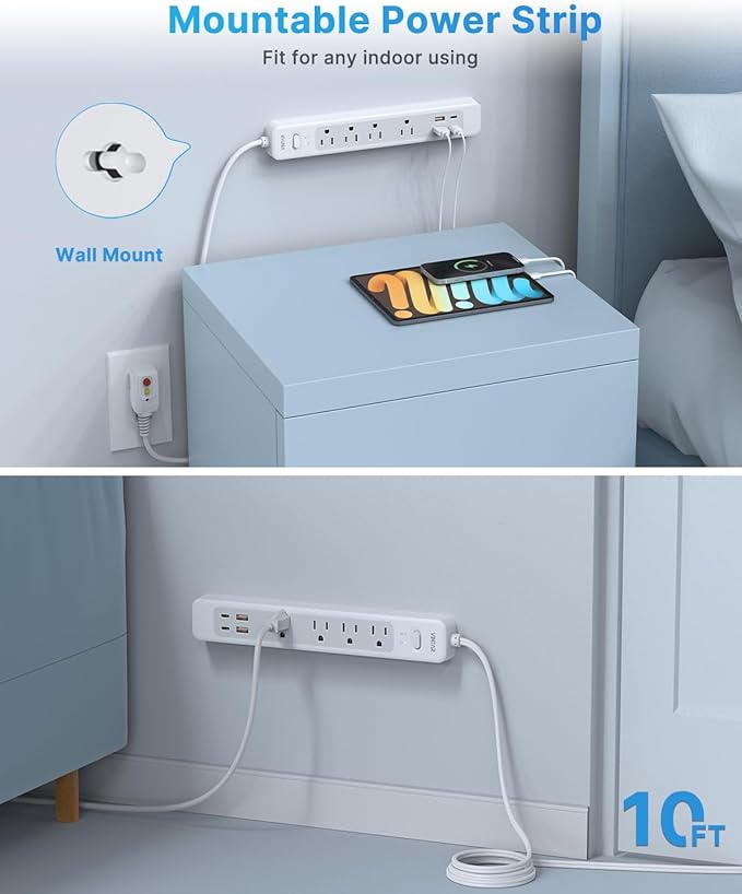 VINTAR 2 Prong GFCI Power Strip, 2 Prong to 3 Prong GFCI Plug Adapter, 10ft Extension Cord with 4 Outlets & 4 USB(2 USB-C), 1440J Surge Protector, Polarized Plug Wall Mount for Non-Grounded Outlet