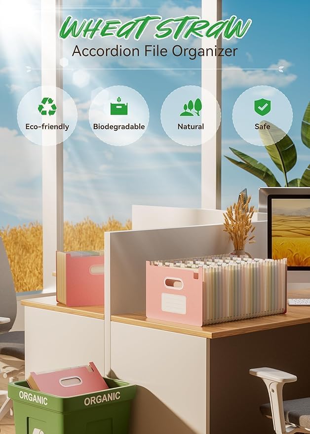 Accordion File Organizer, 26 Pockets Wheat Straw Expanding File Folders, Upright&Open Top, A-Z Bill Receipt Organizer, 100% BPA Free, Return to Nature, Healthy Living, Letter/A4 Size-2 Packs