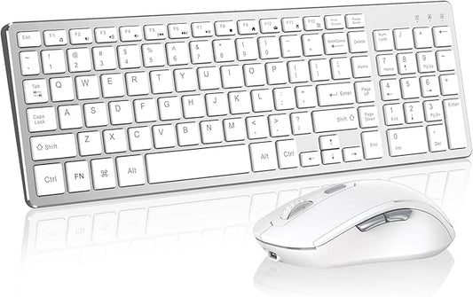 Wireless Keyboard Mouse Combo - Rechargeable, Quiet, Compact Design with Number Pad, 2.4 GHz USB Receiver, Slim Keyboard and Ergonomic Mice Set for Windows Computer Desktop PC Laptop -Silver White