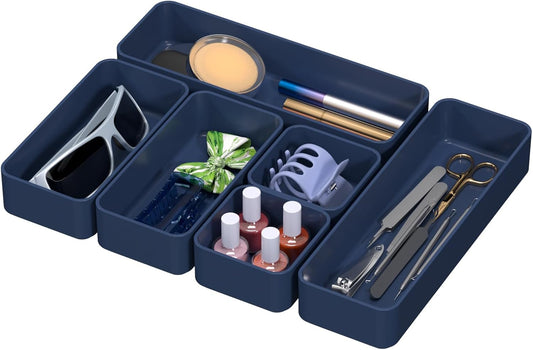 CHANCETSUI 6 PCS Stackable Drawer Organizers Set, Versatile Desk and Vanity Drawer Organizer Trays, Storage Bins for Makeup, Bathroom, Bedroom, Kitchen and Office, Blue