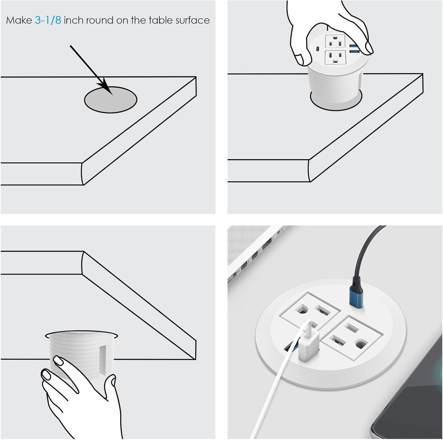 3 inch Desktop Power Grommet USB C,20W Fast Charging Station,Furniture Recessed Power Strip,2 Outlets,3 USB Ports,Flush-Mount for Desktop, Workspace Essential Desk Outlet,2 Pack (White)