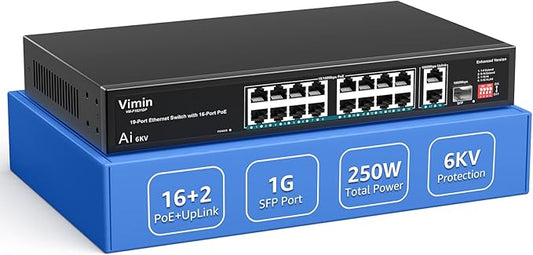 16 Port 10/100Mbps Fast Ethernet PoE Switch+2 Uplink Gigabit Ports+1 SFP, VIMIN 19 Port Unmanaged Switch Gigabit Up to 30W, Total Budget 250W,VLAN, Support IEEE802.3af/at
