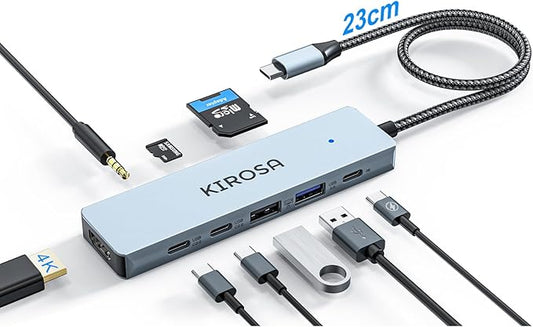 KIROSA USB-C Hub: USB C Multiport Adapter for Macbook Pro Air - 9IN1 USBC to HDMI Hub Dongle - Traveling USB C Docking Station for Laptops and Type C Devices (4K HDMI 100W PD USB3.0 SD/TF Card Reader)