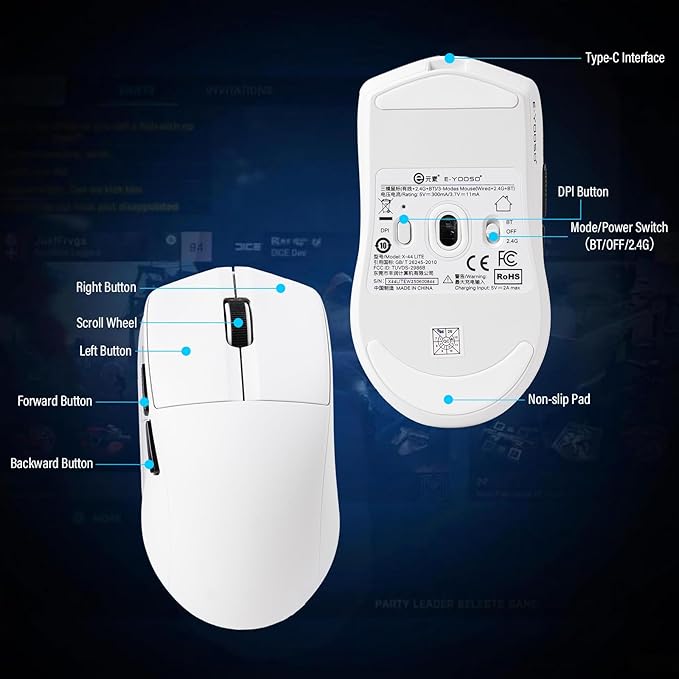 XuanGui Wireless Gaming Mouse,2.4G/BT/USB-C Wired,5-Level DPI 4000 Max,50g Lightweight,1000Hz Polling Rate,Macro Program,Side Buttons,44-Hour Battery Life,For Laptop/PC/Computer/Mac/Tablet (White-1)