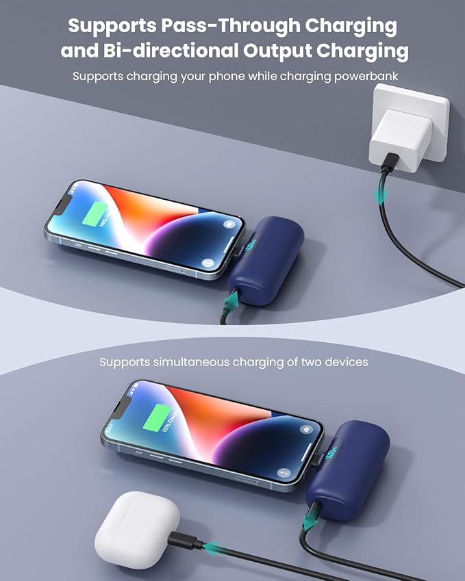 Mini Portable Charger for iPhone,Upgraded 22.5W PD Fast Charging 5500mAh Ultra-Compact Power Bank,LCD Display Plug-in Cute Battery Pack Travel Essentials for iPhone 14/14Pro/13/12/11/X/8/7/6 (Navy)
