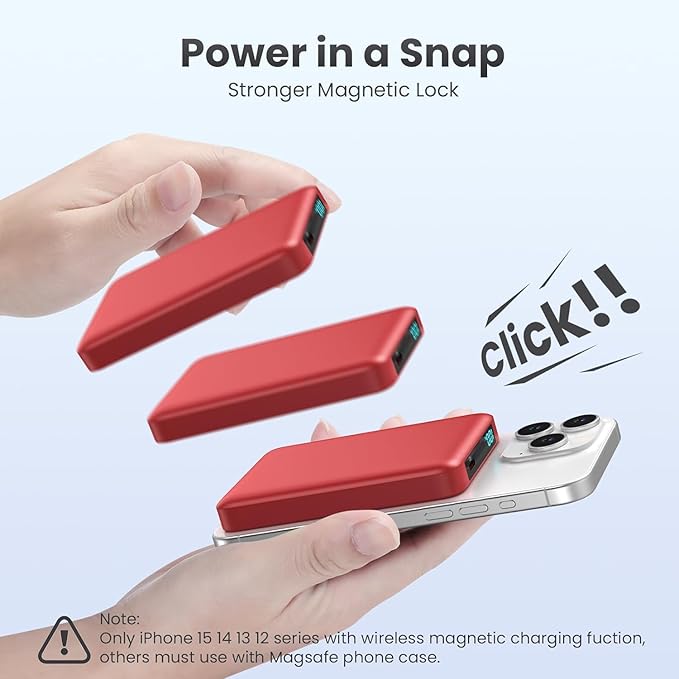 Magnetic Portable Charger Power Bank,Compact 10800mAh LCD Display Wireless Portable Charger,20W PD USB-C in&Out Battery Pack Compatible with Magsafe,iPhone 15/15 Pro Max/14/13/12 Series-Red