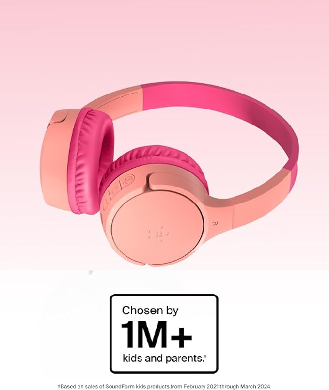Belkin SoundForm Mini - Wireless Bluetooth Kids Headphones with 30H Battery Life, 85dB Safe Volume Limit, Built-in Microphone - Kids On-Ear Earphones for iPhone, iPad, Fire Tablet & More - Pink