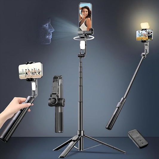 71" Selfie Stick Tripod for iPhone/Android, Auto Face Tracking Tripods with Light, Upgrade Strong Gimbal Stabilizer 360 Rotation with Remote for Content Creator Vlog Live StreamIing Video Record
