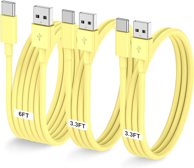 3-Pack Yellow [3.3FT+3.3FT+6FT] USB A to USB C Cable，USB to USB C Car Carplay Cable for iPhone Air 17 16e 16 15 Pro Plus Pro Max，for Galaxy S25, for iPad Pro/Air/mini, for MacBook Pro/Air and More