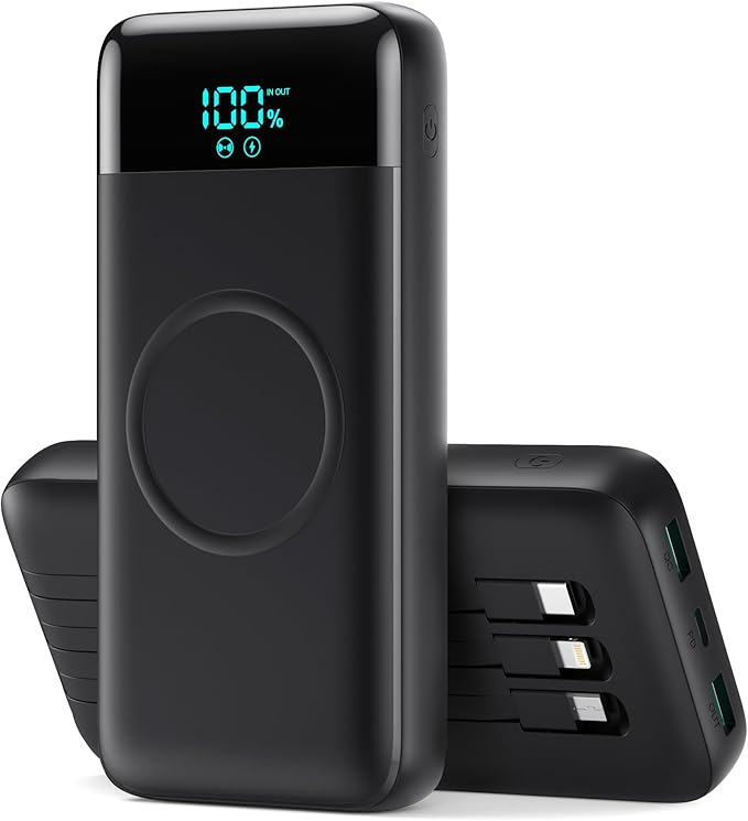 Wireless Portable Charger 40,800mAh with 3 Built-in Cables,15W Wireless Charging 25W PD QC4.0 Fast Charging USB-C Power Bank,7 Outputs LCD Display Battery Pack for iPhone 16/15/14/13/12,Android etc