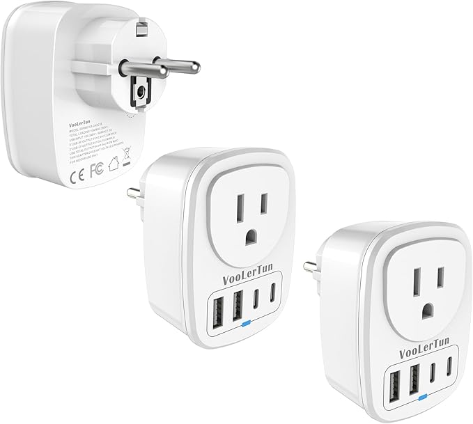 2 Packs Type E F France Plug Adapter, VooLerTun Germany Travel Adapter with 4 USB Charger Ports (2 USB C), 1 American Outlet Adapter. US Converter for EU European Travel Essential