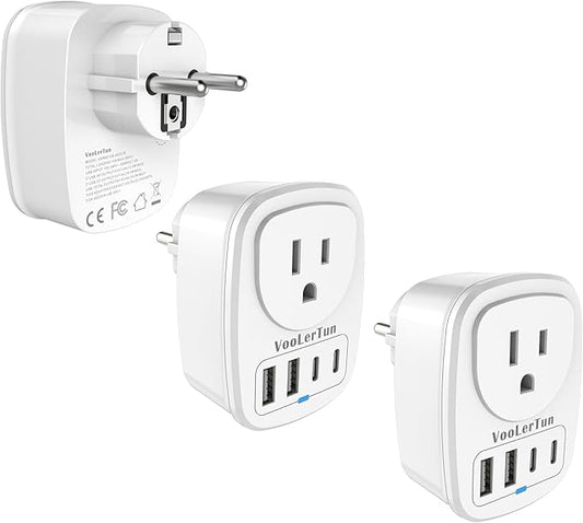 2 Packs Type E F France Plug Adapter, VooLerTun Germany Travel Adapter with 4 USB Charger Ports (2 USB C), 1 American Outlet Adapter. US Converter for EU European Travel Essential