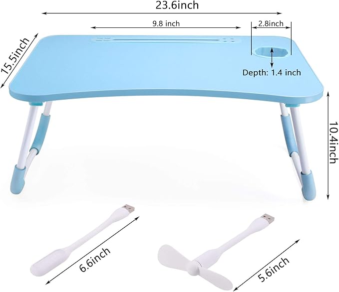 Slendor Lap Desk with Cup Holder, Foldable Laptop Table for Bed, Portable Bed Desk for Laptop and Writing, Computer Tray with Tablet Slot, Notebook Stand Reading Holder for Couch Sofa Floor,Blue