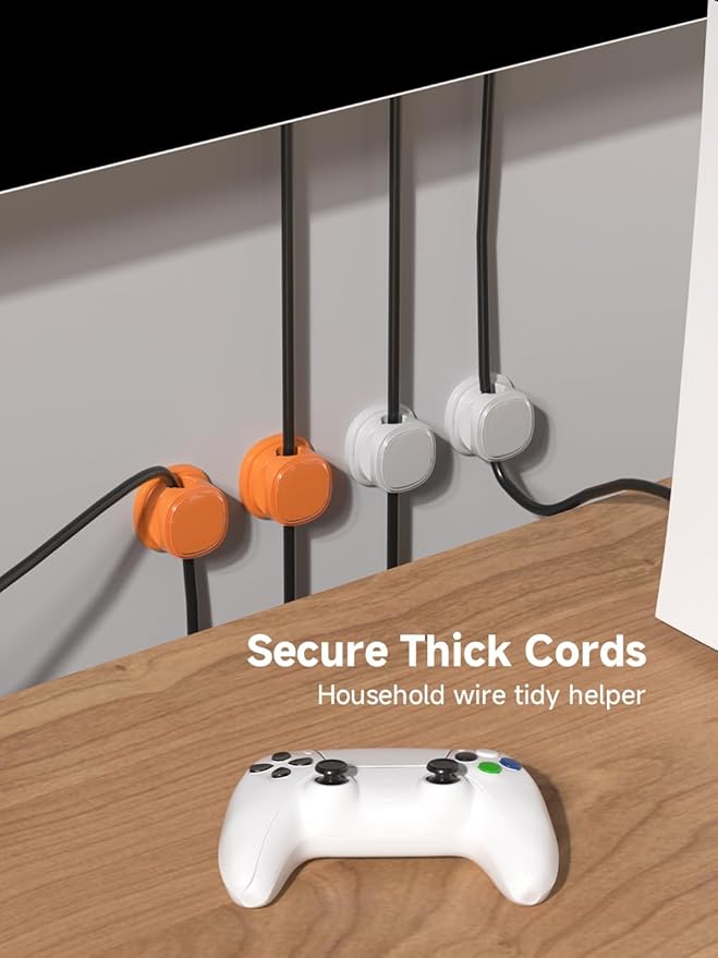 9 Pack Cord Organizer, Spring Cable Management, Adhesive Cute Cable Holder Clips, Phone Charger Wire Keeper for Desk Nightstand Car Office (9-Pack White_Orange)