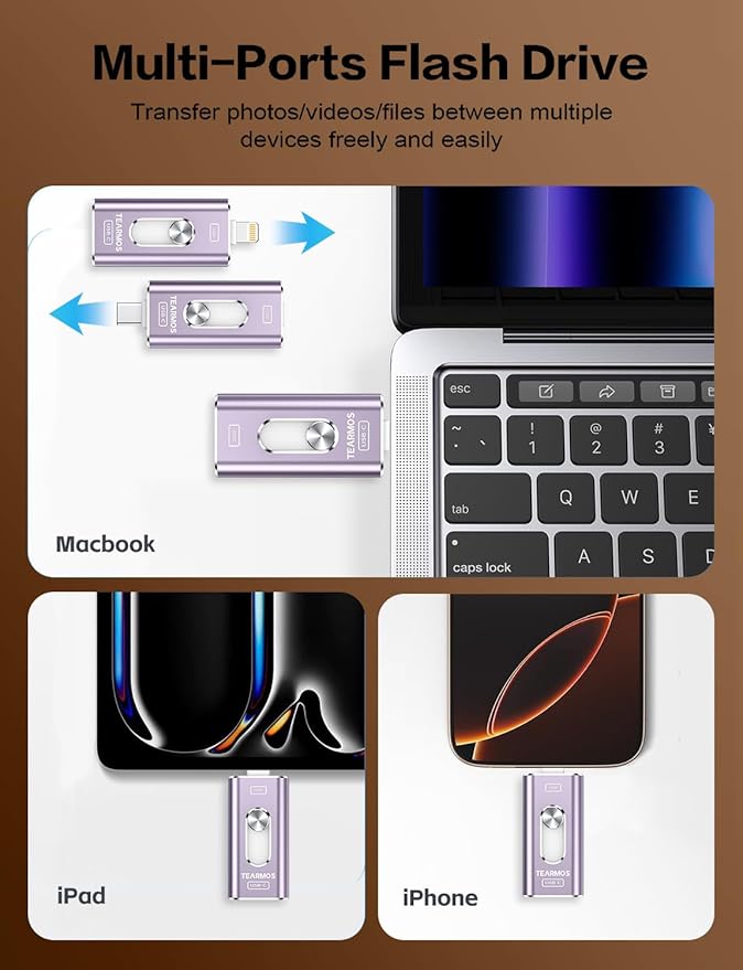 256GB Photo Stick for iPhone Flash Drive, Memory Stick Phone Storage for Photos and Videos Files Backup, Compatible with iPhone iPad Android PC, Plug & Play, No App Required (Purple)