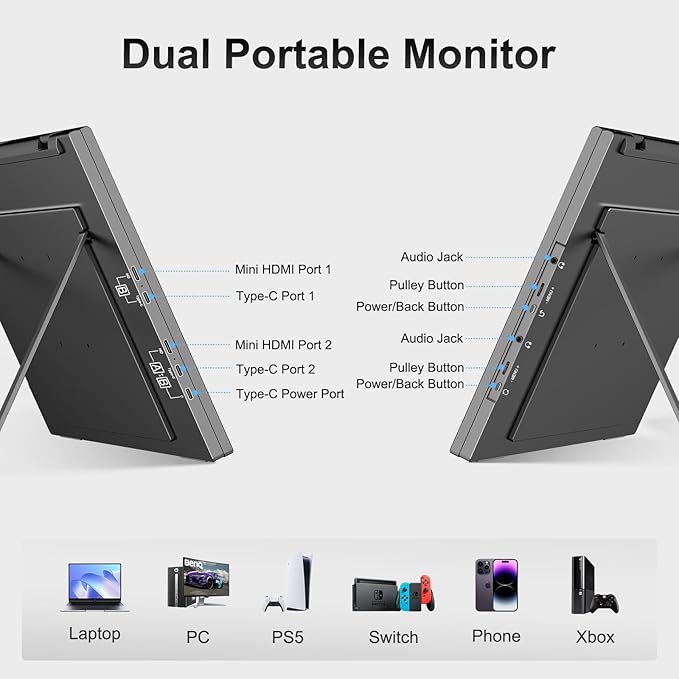Dual Portable Monitor, 18.5" 1080P FHD IPS Folding Stacked Triple Laptop Screen Extender, USB-C Plug & Play Travel Extended Computer Display for Laptop PC Windows Mac w/Stand & VESA Mountable