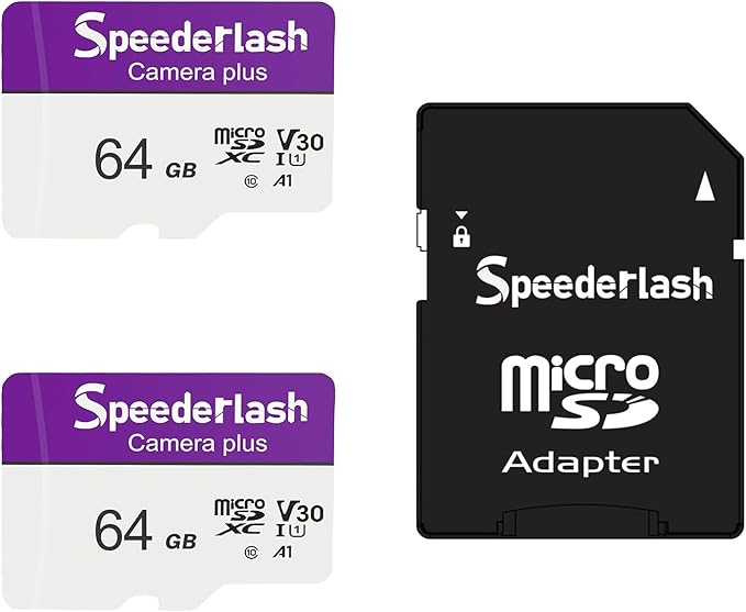 Micro SDXC Memory Card 64GB 2 Pack, Speederlash Camera Plus TF Card with Adapter, Up to 90MB/s Read Speed, 4K UHD&5K Video Support, U1 V30 A1 Rated, Waterproof, for Security Camera, Dashcam, Drones