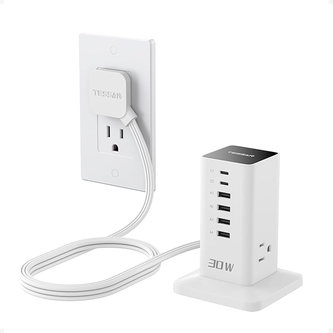 Charging Station 30W, TESSAN 9-in-1 Charger Blocks for iPhone 16/15/14/13, Tablets, Earphone with Surge Protector, 5ft Flat Extension Cord with 4 USB A, and 2 USB C for Home, Office, Drom, White
