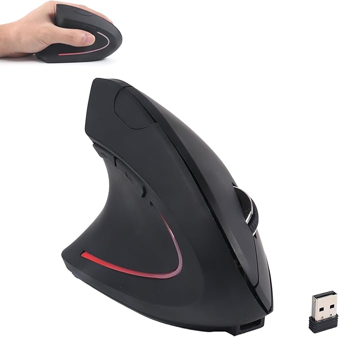 Wireless Mouse Ergonomic Left Handed Vertical Mouse with USB Receiver LED Light 6 Buttons 2.4GHz Optical Portable Rechargeable Computer Mice for Laptop PC Desktop Notebook Kids Adults Gifts (Black)