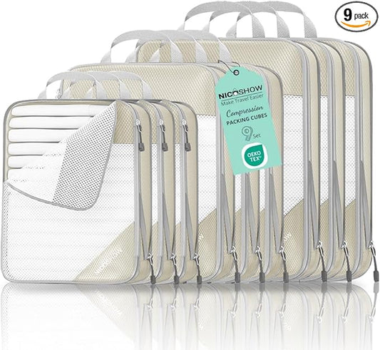 Compression Packing Cubes for Travel, Lightweight Travel Essentials, Packing Cubes Compression for Space-saving, 9 pcs, Beige