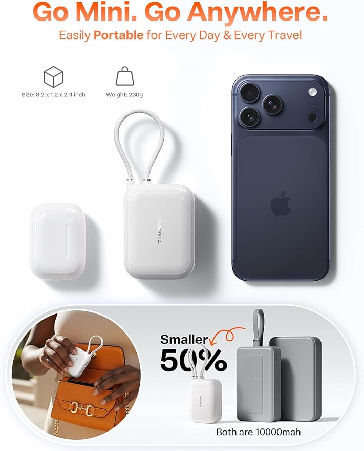 TORRAS 10000mah Portable Charger Power Bank 45W Fast Charging [Daily Use & Travel Essential] Built in Cable USB C, Phone Battery Pack Powerbank for iPhone 17 16 15, Samsung S25, S24, Google Piexl etc