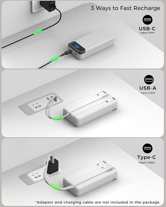 Portable Charger 40000mAh Power Bank Built-in Cable Battery Pack, PD 22.5W Fast Charging Portable Phone Charger 4 Output 3 Input, Compatible with iPhone 16 15 14 13 Samsung Google iPad (White)