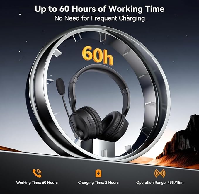 LEVN Bluetooth Headset with Microphone, 60 Hrs Working Time Dual Connection Bluetooth Headphones with Mic, Wireless Headset with Mic for Work/Video Meetings/Phone/Call Center/PC/Music/Zoom/Teams