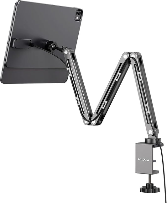 Magnetic Wireless Charging Stand for iPad Pro 11" M4 (2024), Foldable Adjustable Arm Mount with 2M Cable, Aluminum Alloy Tablet Holder for Desk