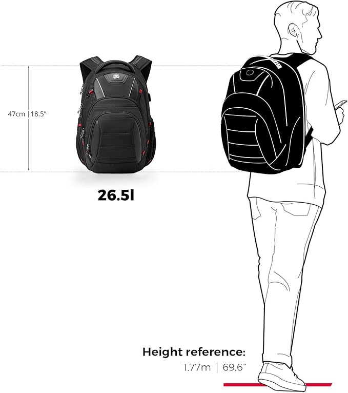 Swissdigital Design Men's Laptop Backpack for College and Business Travel with Integrated USB Charging Port and RFID Protection Fits Laptops up to 15.6 in, Black | J14-BR
