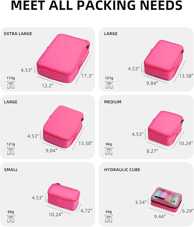 6 Set Compression Packing Cubes for Travel, Large Medium Small Luggage Organizers (Rose Red)