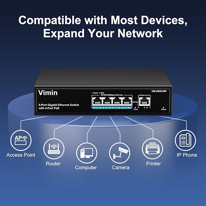 4 Port Gigabit PoE Switch with 1 Uplink Gigabit Ports, VIMIN 5 Port Unmanaged Ethernet PoE Switch with 72W Power, Support IEEE802.3af/at, VLAN, Metal Housing, Desktop or Wall-Mount, Plug & Play