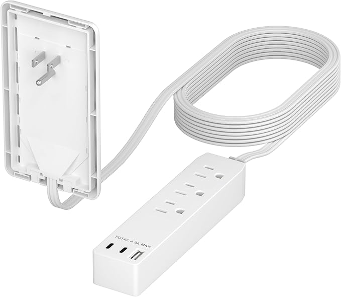 LIDER Outlet Extender with 3 Receptacles, 21W USB Type-A, and 2 USB Type-C, USB Port, Ultra-Thin Wall Plate Plug with Cord Extender, 3-Outlet Power Strip, Flat-Face, ETL-Listed, 8ft Cord, White
