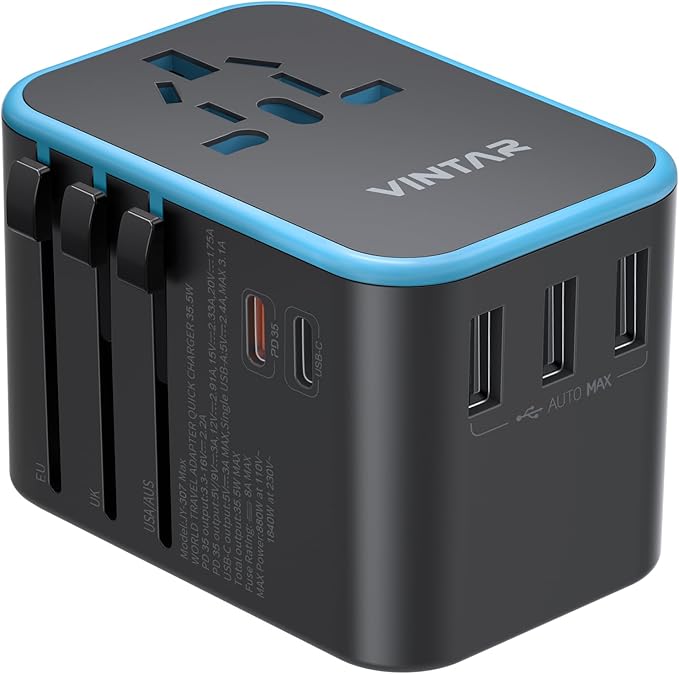 Universal Travel Adapter, VINTAR 35.5W International Power Adapter with 3 USB A QC and 2 USB C PD, All in One Plug Adapter Worldwide Travel Essentials for EU/UK/USA/AUS(Type C/G/A/I), Blue