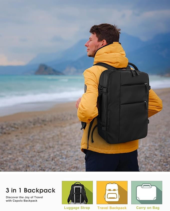 Capolo Travel Backpack for Women Men Waterproof Laptop Backpack Airlines Approved Personal Item Backpack Bag Computer Bookbag for Business, Work, Traveling Fits 15.6 Inch Laptop(Black Zipper)