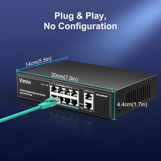 8 Port Gigabit PoE Switch with 2 Uplink Gigabit Ports, VIMIN 10 Port Unmanaged Ethernet PoE Switch with 120W Power, Support IEEE802.3af/at, VLAN, Metal Housing, Desktop or Wall-Mount, Plug & Play