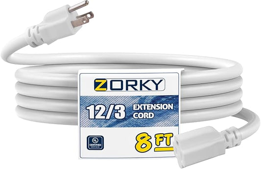 8ft Indoor Outdoor Extension Cord - 12/3 SJTW Heavy Duty Extension Cable with 3 Prong Grounded Plug for Safety -15Amp 1875W White Electric Cord Great for Garden, Appliances