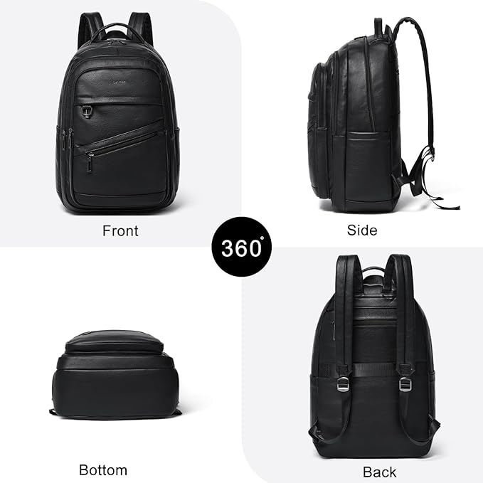 43L Backpack for Women Men - Vegan Leather Backpack Purse Travel Carry-on Bag College Bookbag Work fits 17" Laptop, Black