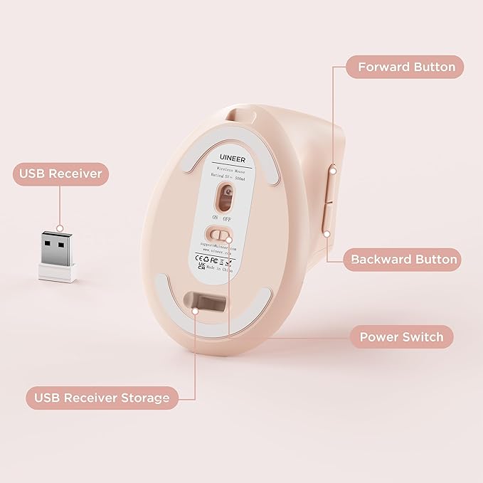 Uineer Vertical Mouse Wireless, 2.4G Rechargeable Mouse with Battery Indicator,4 Level DPI,Ergonomic Design for Comfort and Reduced Wrist Strain, Ideal for Home,Office Use (Pink)