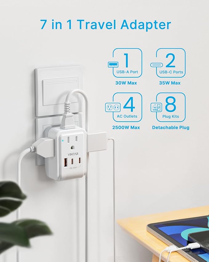 Universal Travel Adapter Kit, VINTAR PD 35W International Power Adapter with 4 AC 3 USB Ports(2 USB C), Type A,B,C,D,E/F,G,I,M Swap Adapt Attachments, Travel Adapter Worldwide for Europe/Africa/AUS