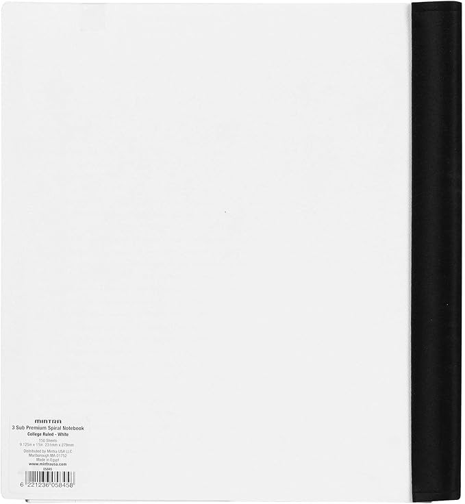 Mintra Office Durable PREMIUM Spiral Notebook, ((White, 3 Subject, 8.5in x 11in)), Fabric Covered Coils, No Snags, Removable Adjustable Pocket Dividers, Ruler, Organization, Customizable