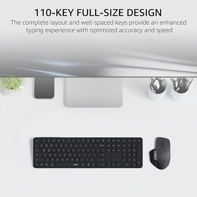 Rapoo 9560M Wireless Keyboard and Mouse Combo, Blade-Series E9550L 110-Key Ultra-Thin Keyboard and MT760SE Wireless Mouse, Support 4 Devices, Quiet, USB-C, Rechargeable, for Windows/Mac/Linux/Chrome