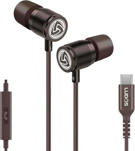 LUDOS Ultra USB C Headphones for iPhone 16 15 Pro Max Plus iPad Pro, 5 Years Warranty, Magnetic USB-C Earbuds for Samsung Galaxy S24 S23 Ultra S22 S21 FE S20 A55 A54 A53, USB Type C Earphones - Brown