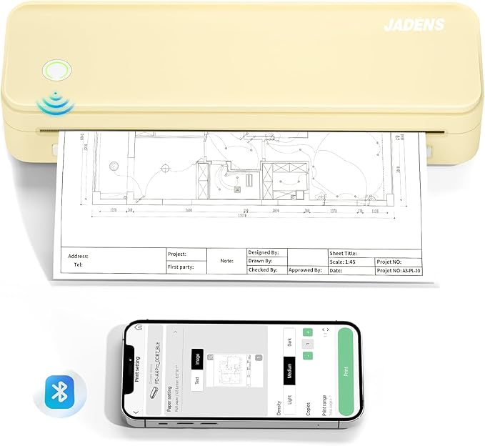 JADENS Portable Printers Wireless for Travel, Thermal Inkless Printer, Support 8.5" X 11" Thermal Paper(Yellow)