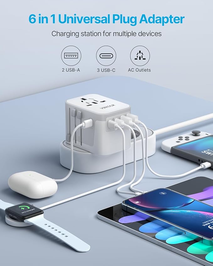 Universal Travel Adapter, VINTAR International Power Adapter with 6A 3 USB C and 2 USB Ports, All in One Travel Essentials Plug Adapter, Worldwide Outlet Converter for Europe UK AUS USA(Type A/C/G/I)