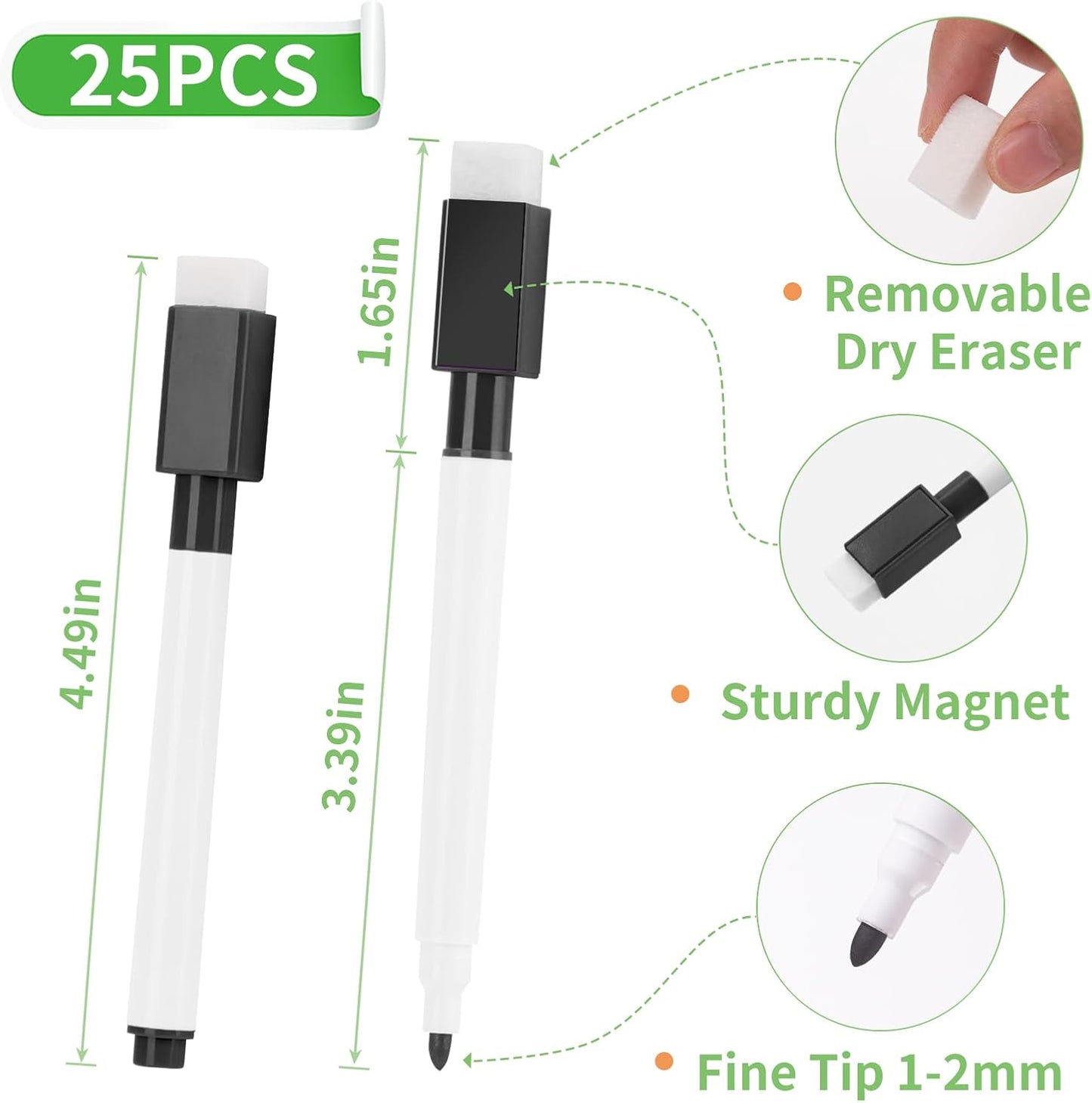 100 Pcs Black Magnetic Dry Erase Markers with Eraser Cap, White Board Mini Dry erase Markers Bulk, Fine Point Tip Student White Board Markers for Teachers Office School Supplies