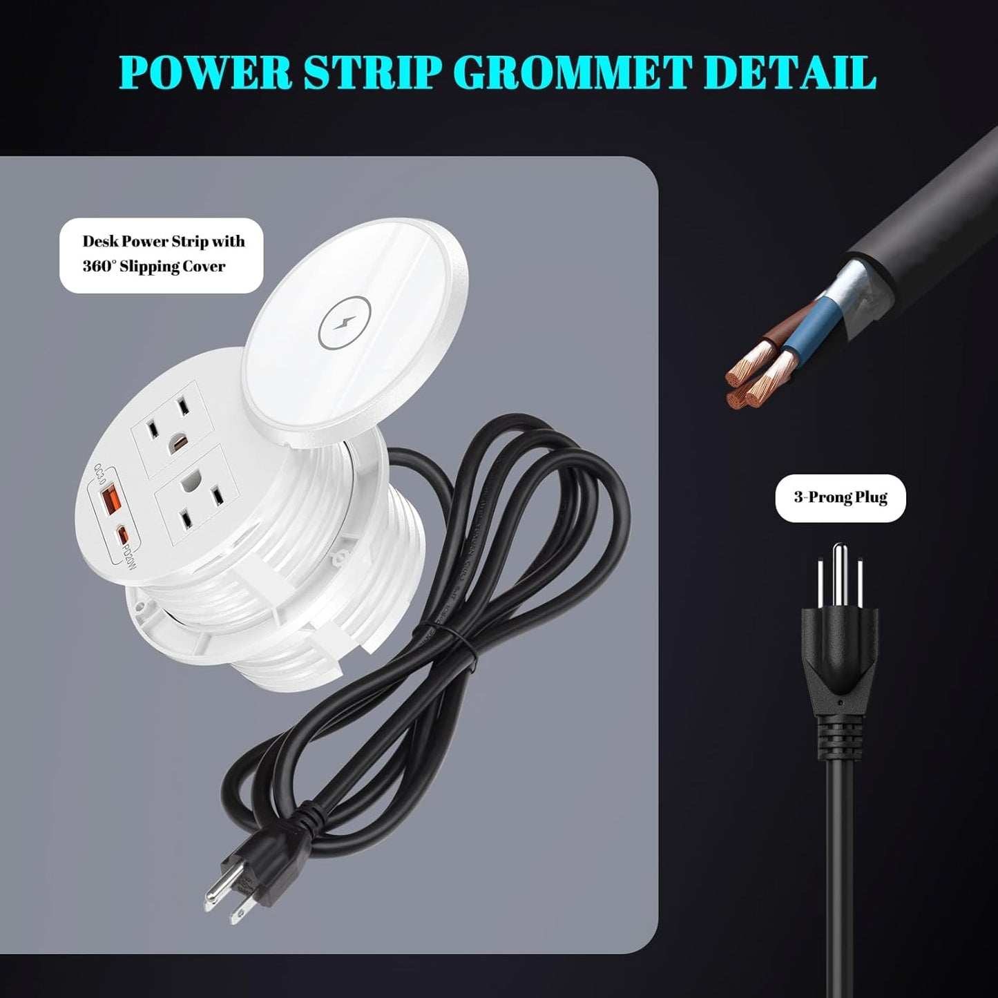PD 20W USB C Desk Power Grommet with 15W Wireless Charger Cover, Recessed Power Strip with 18W USB A and 2 AC Outlets,Hidden Power Outlets with 6FT Cords for Office, Home, Conference(White)