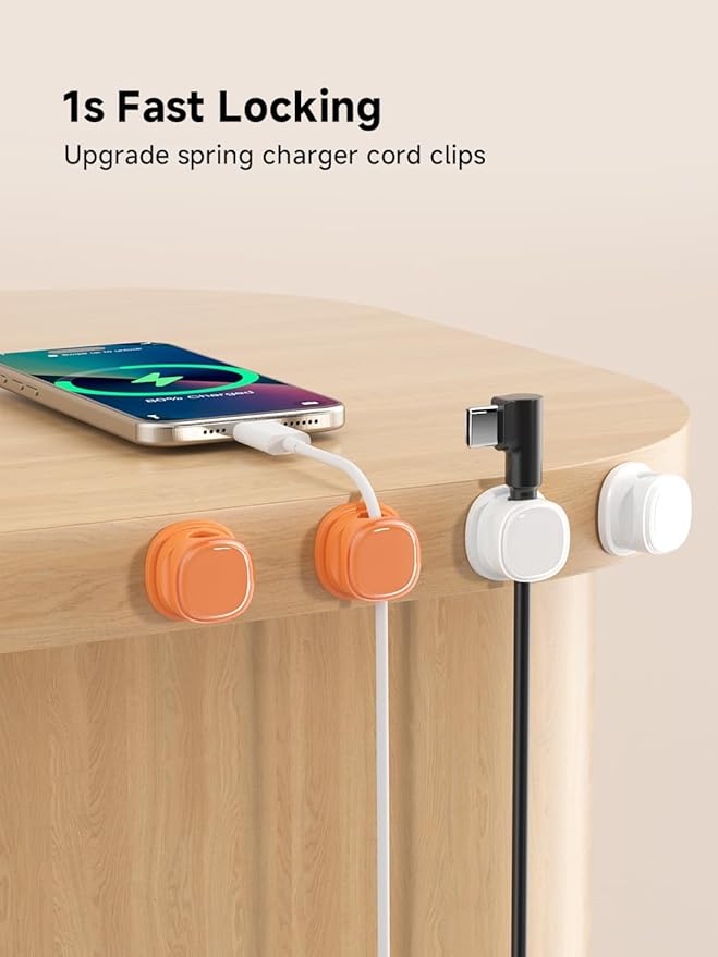 9 Pack Cord Organizer, Spring Cable Management, Adhesive Cute Cable Holder Clips, Phone Charger Wire Keeper for Desk Nightstand Car Office (9-Pack White_Orange)