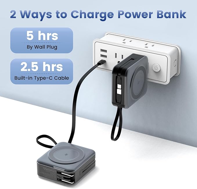 for Magsafe Portable Charger with AC Wall Plug, 6-in-1 Magnetic Wireless Power Bank 10000mAh Built-in Cables, 22.5W Type-C in&Out Fast Charging Battery Pack for iPhone 16/15/14/13/12 Series, Gray