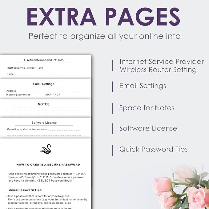 Elegant Password Book with Alphabetical Tabs - Hardcover Password Book for Internet Website Address Login - 5.2" x 7.6" Password Keeper and Organizer w/Notes Section & Back Pocket (Purple)